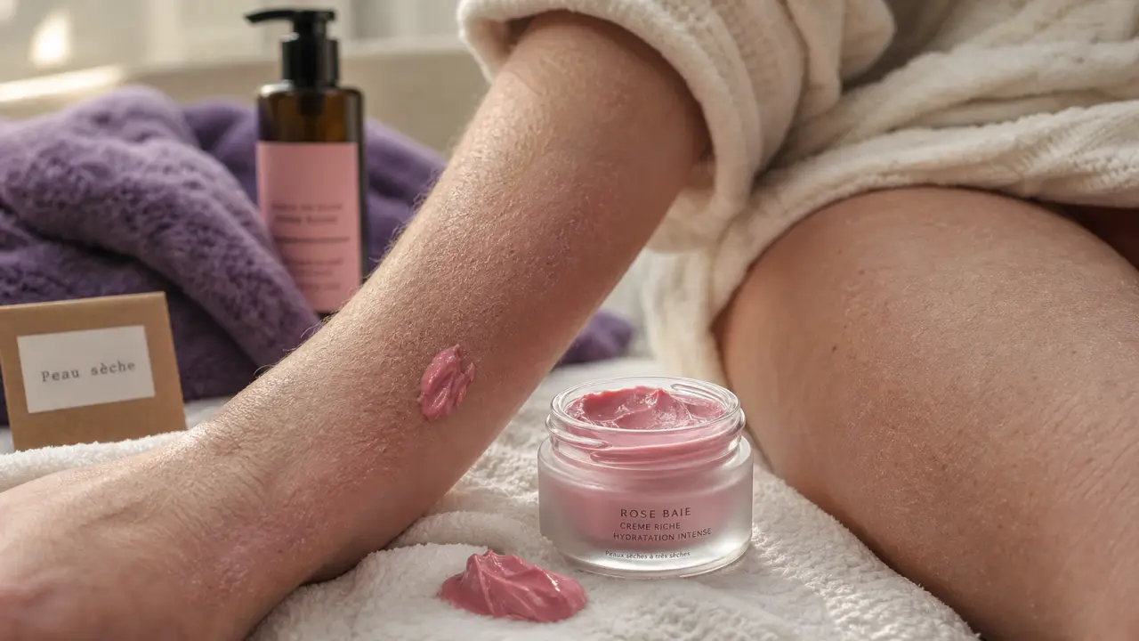 Creme pour peau seche : peau sèche et application d’une crème rosée en salle de bain