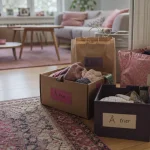 Désencombrer sa maison avant apres, salon en cours de tri avec sacs de dons