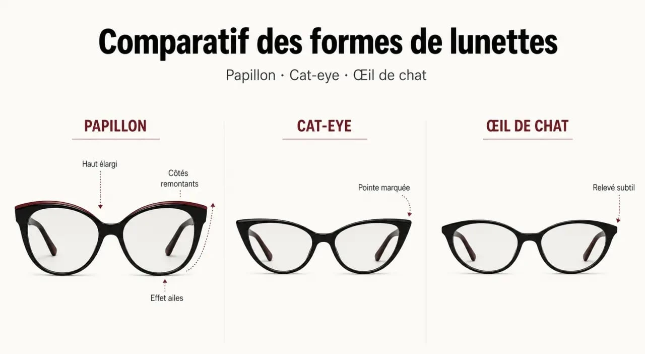 Comparatif des lunettes papillon femme avec les formes papillon, cat-eye et œil de chat
