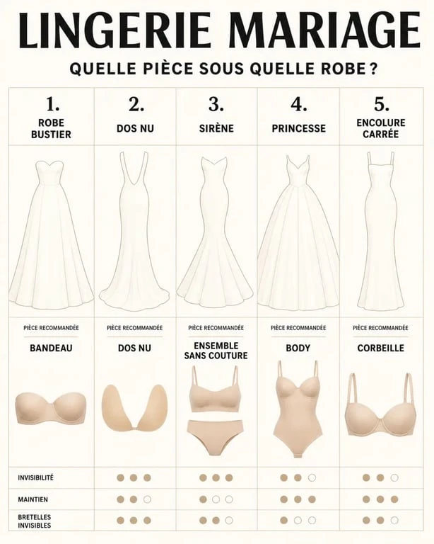 Lingerie mariage : tableau comparatif des sous-vêtements recommandés selon la coupe de la robe