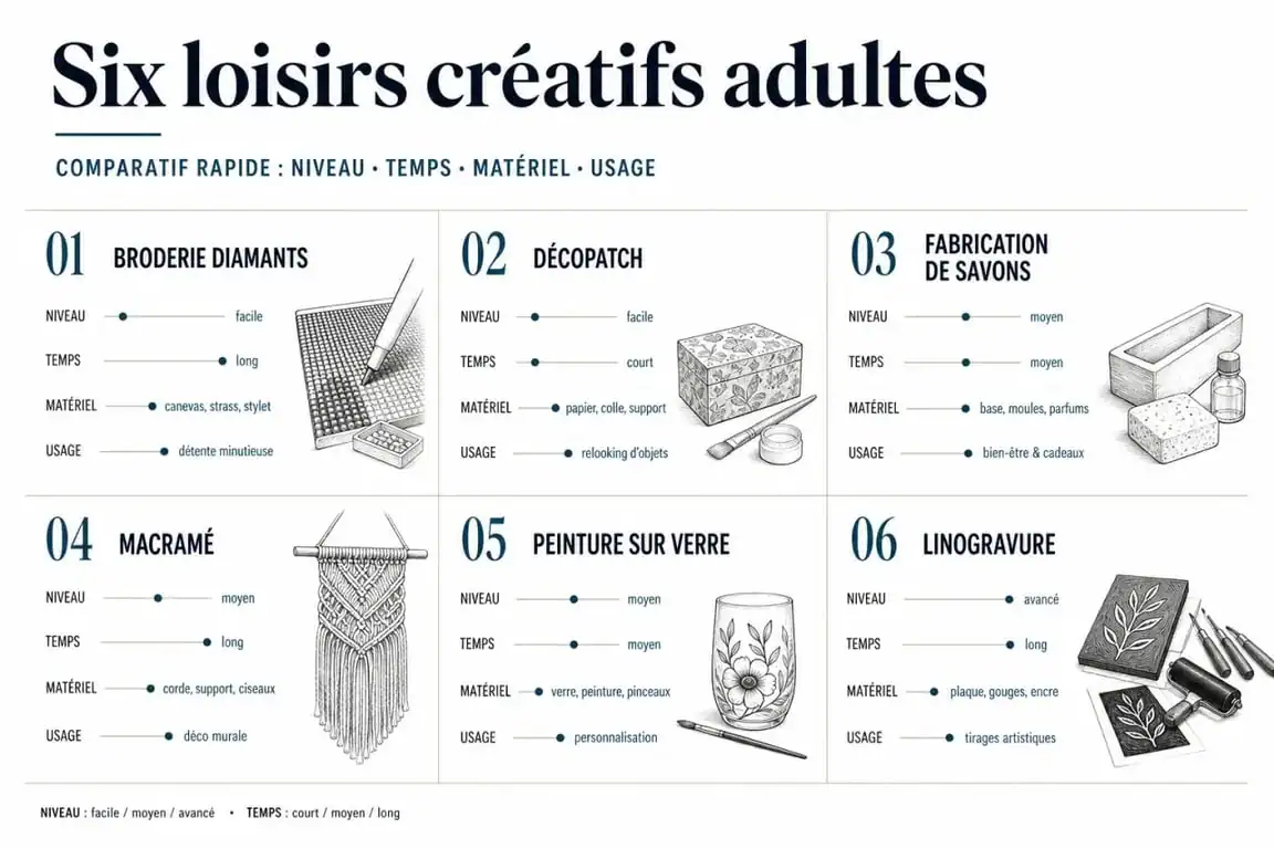 Activité manuelle adulte : tableau visuel comparant plusieurs loisirs créatifs selon le niveau, le temps et le matériel