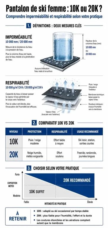 Infographie technique comparant les indices d'imperméabilité 10K et 20K pour le choix d'un pantalon femme ski