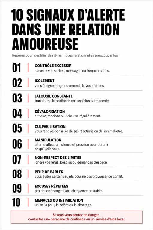 Infographie des 10 choses à ne jamais tolérer dans une relation amoureuse pour identifier les comportements toxiques