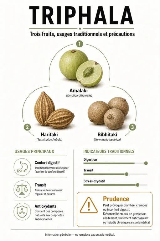 Infographie sur les triphala bienfaits avec les trois fruits, le confort digestif et les précautions