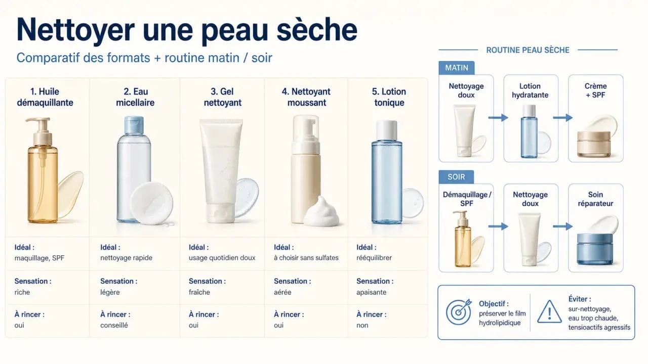 Nettoyant visage peau seche : comparaison visuelle des formats et routine douce