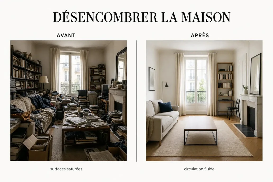 Désencombrer sa maison avant apres : salon encombré transformé en intérieur lumineux et dégagé