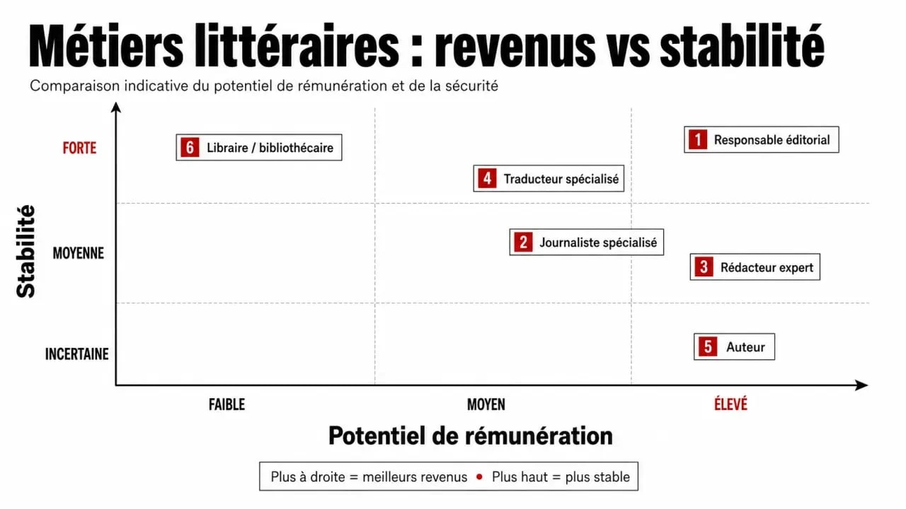 Comparatif des métiers littéraires qui paye bien avec classement des revenus et de la stabilité