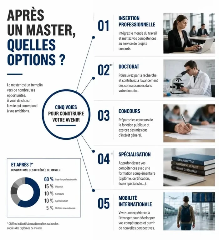 Infographie des options de carrière après un master : emploi, doctorat, concours et mobilité internationale.