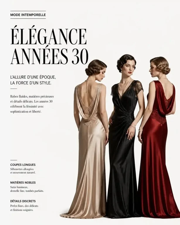 Robe des annee 30 : inspiration visuelle de robes fluides en satin et dentelle pour soirée chic