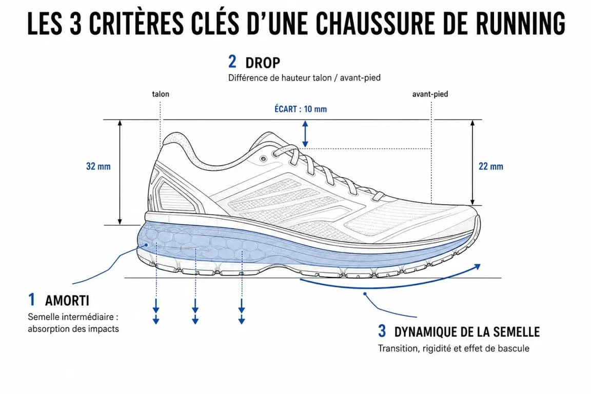 Schéma explicatif des critères techniques pour choisir sa meilleure chaussure de running : amorti et drop