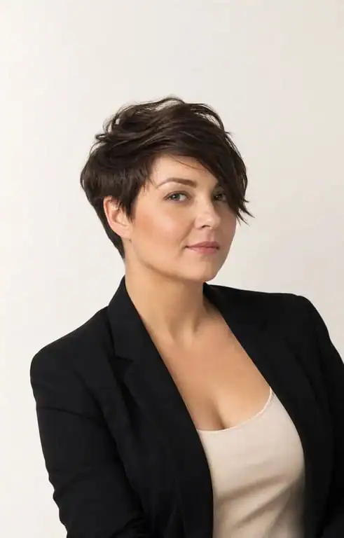 Visage rond moderne coupe courte femme avec pixie texturé et mèche latérale