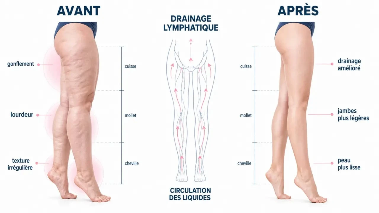 Cellulite aqueuse avant apres : comparaison visuelle de jambes gonflées et dégonflées avec drainage lymphatique