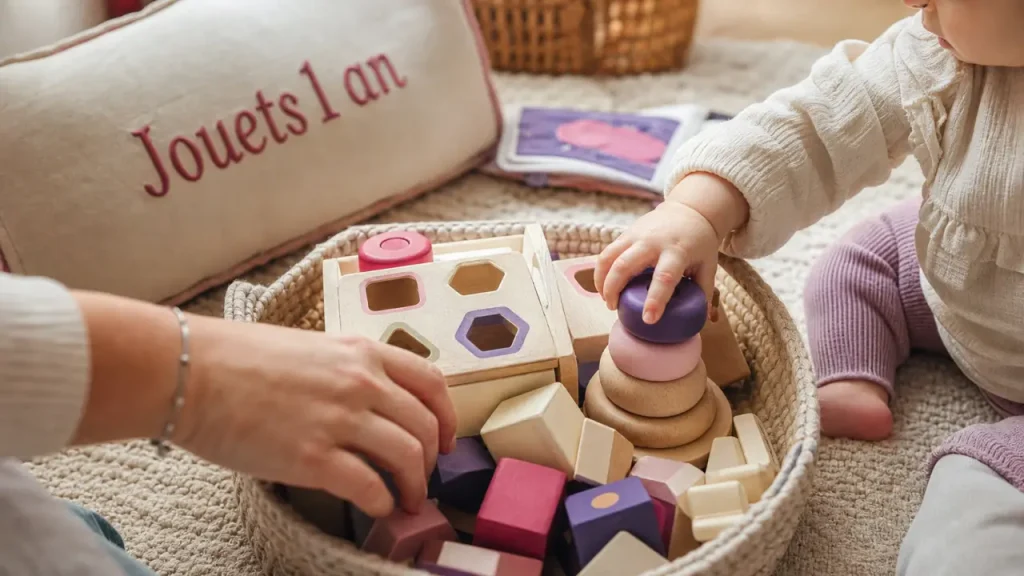 Jouets pour bebe 1 an : bébé saisit des cubes et une boîte à formes en bois