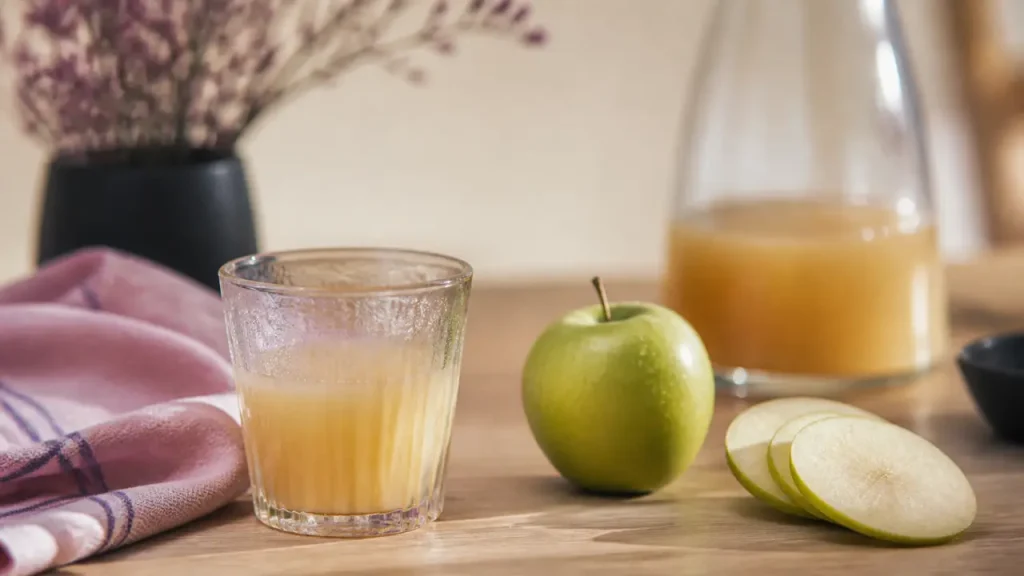 Jus de pommes bienfaits : verre de jus et pomme verte