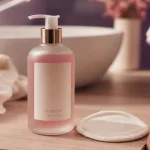 Nettoyant visage peau seche hydratant sans parfum sur table bois, gros plan