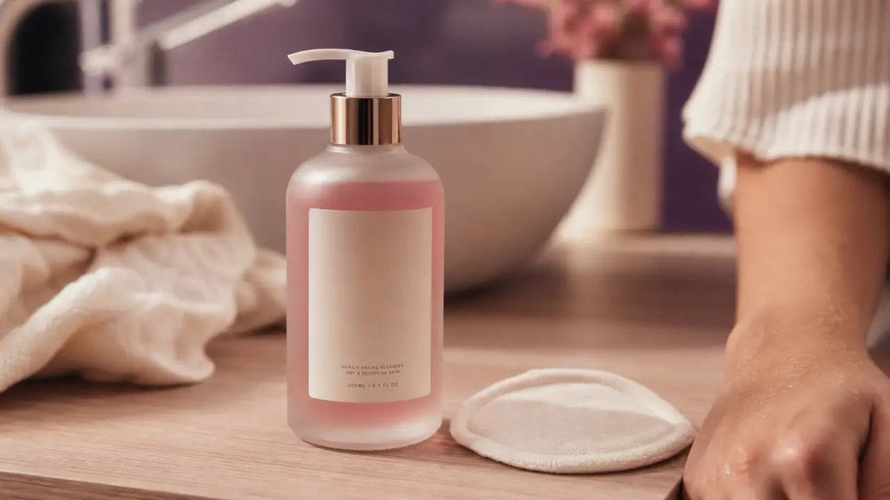 Nettoyant visage peau seche hydratant sans parfum sur table bois, gros plan