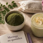 Poudre de moringa bienfait dans un bol, avec feuille de moringa