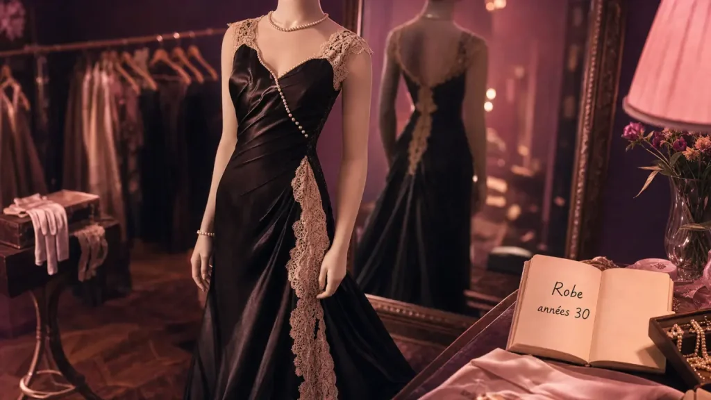 Robe des annee 30 satin noir et dentelle crème avec perles, chic vintage