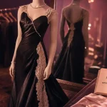 Robe des annee 30 satin noir et dentelle crème avec perles, chic vintage