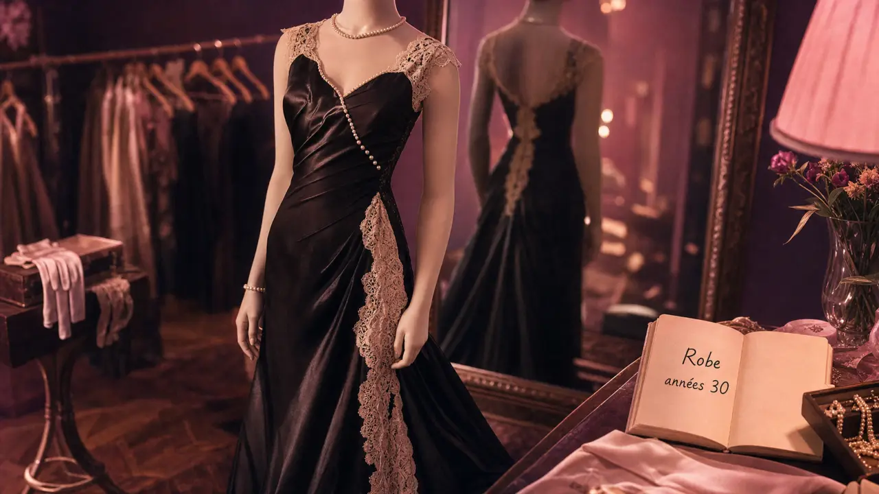 Robe des annee 30 satin noir et dentelle crème avec perles, chic vintage