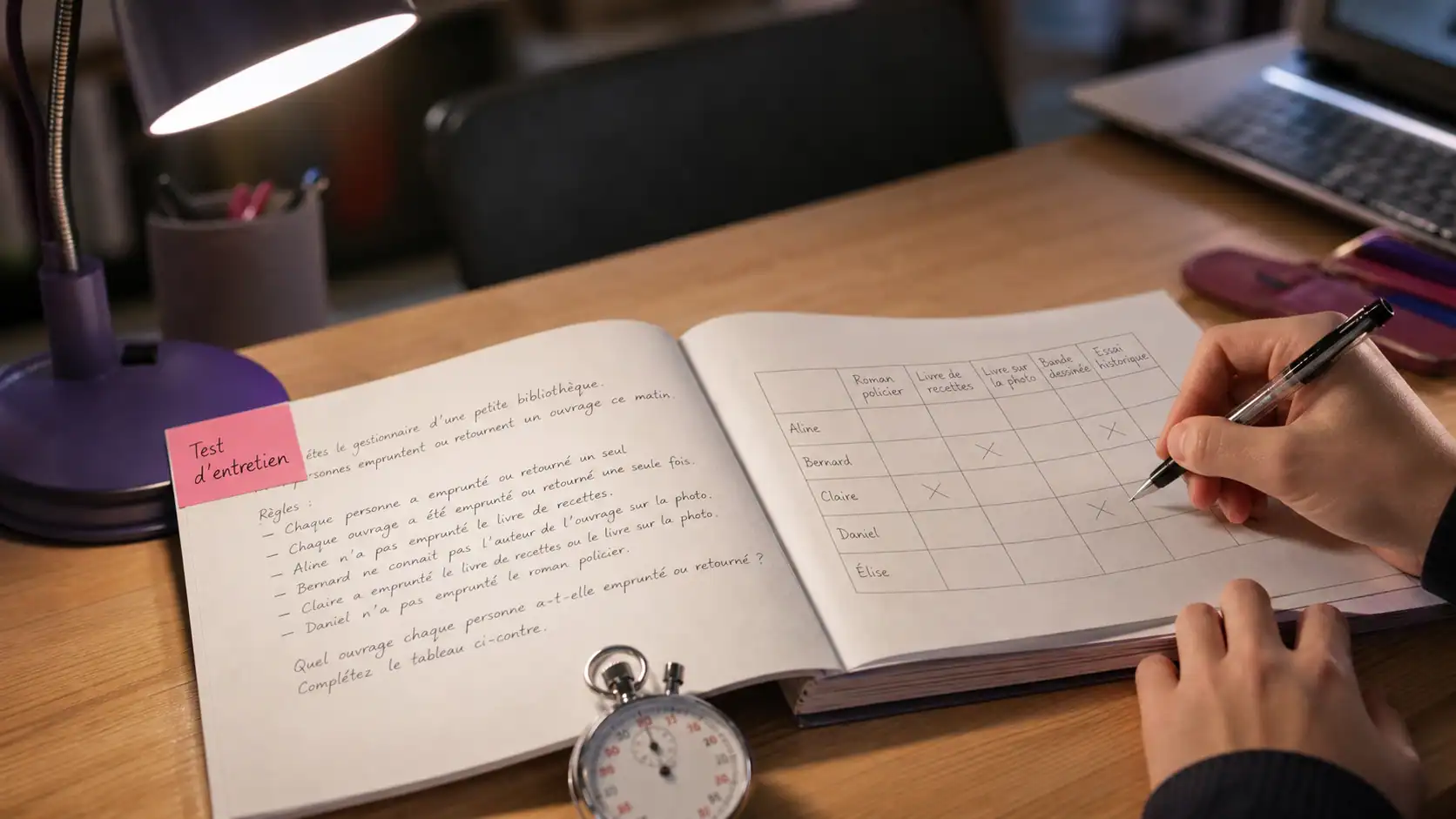 Test entretien d'embauche : dossier papier et chronomètre