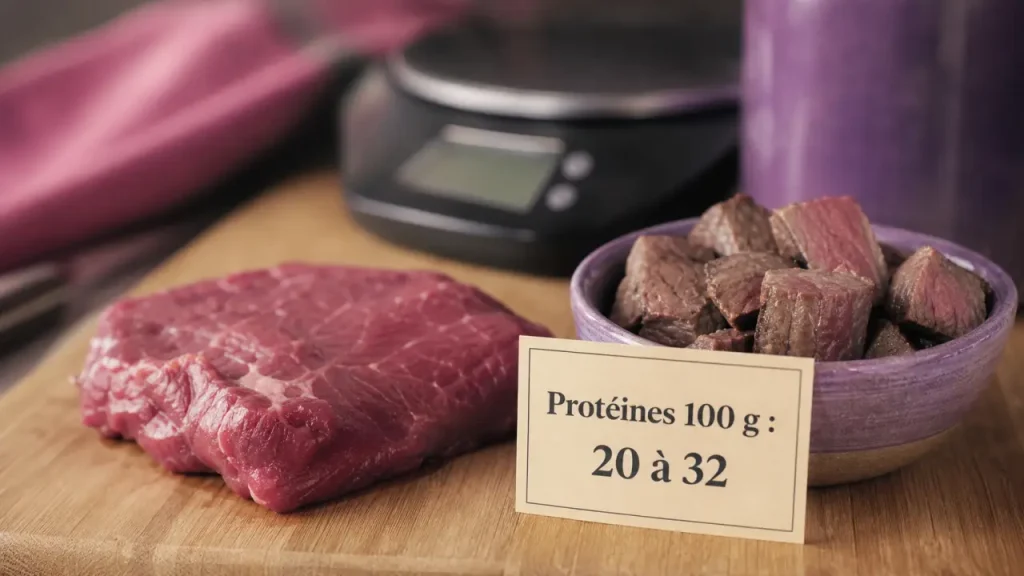 100 g de viande rouge apportent 20 à 32 g de protéines, selon le morceau et la cuisson