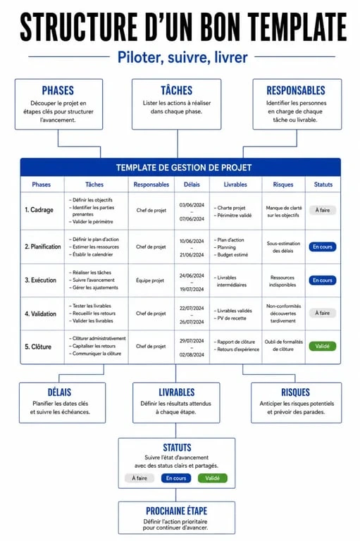 Gestion de projet template : structure d’un modèle avec phases, tâches, délais et risques