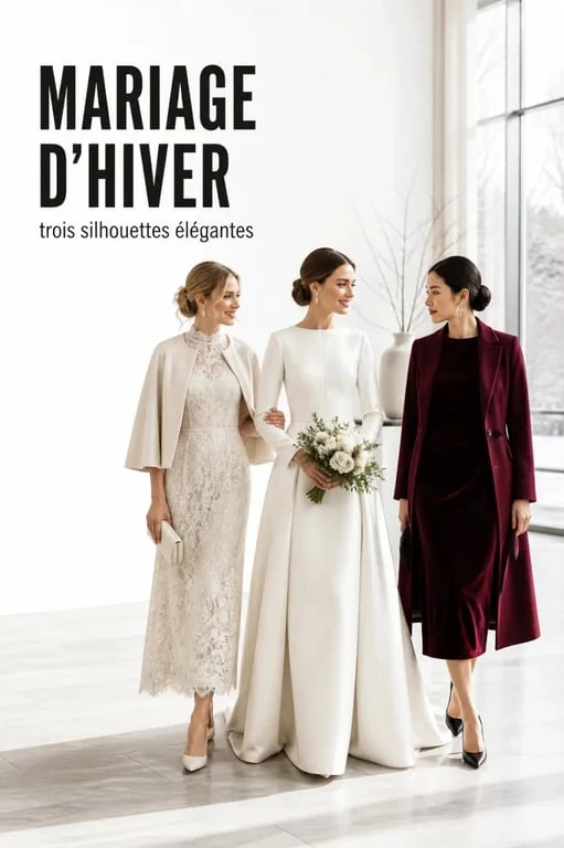 mariage hiver robe : illustration éditoriale de trois tenues de cérémonie adaptées à l’hiver