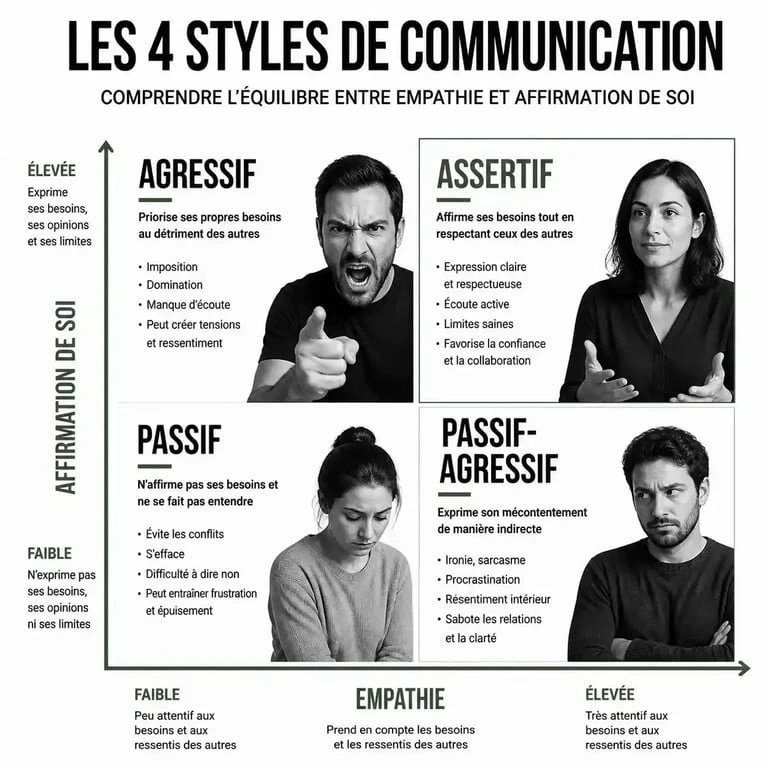 Tableau comparatif des styles de communication : passif, agressif, passif-agressif et communication assertive.