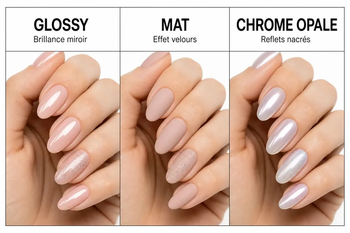Idée ongle semi permanent avec finitions glossy, mat et chrome