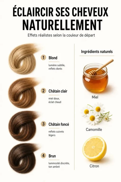 Infographie sur éclaircir ses cheveux naturellement selon la couleur de départ