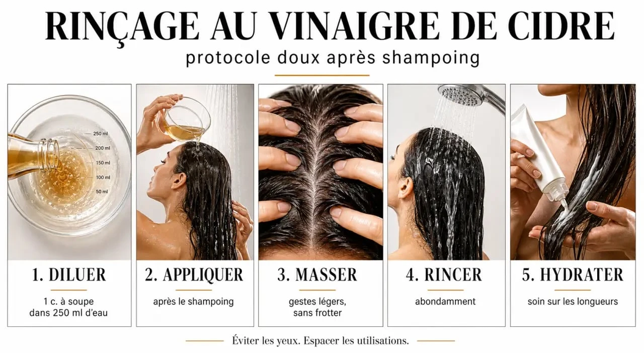 Vinaigre de cidre et cheveux : étapes d’un rinçage capillaire dilué et rincé