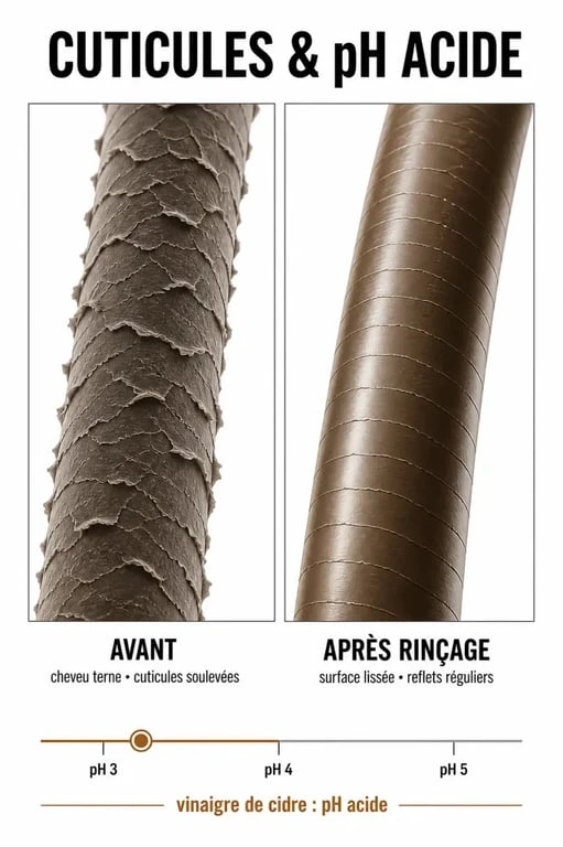 Vinaigre de cidre et cheveux : schéma du pH acide et des cuticules capillaires