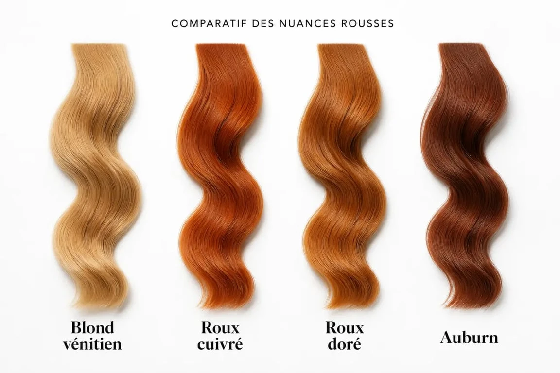 Roux cheveux : comparaison visuelle des nuances blond vénitien, roux cuivré, roux doré et auburn