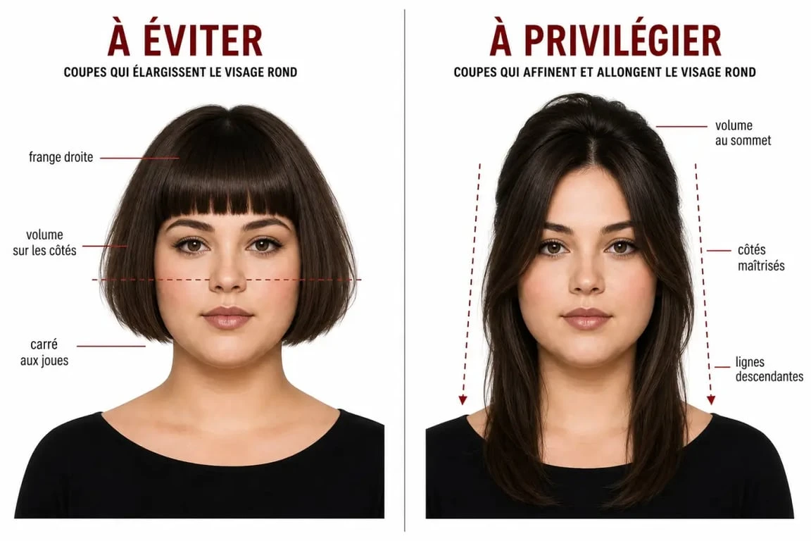 visage rond coupe de cheveux : erreurs à éviter avec carré aux joues et frange droite