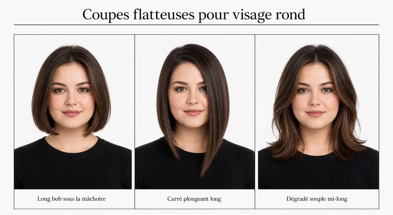 visage rond coupe de cheveux avec lob, carré plongeant long et dégradé souple