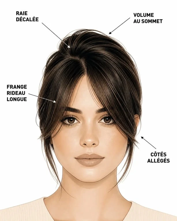 visage rond coupe de cheveux avec raie décalée et frange rideau