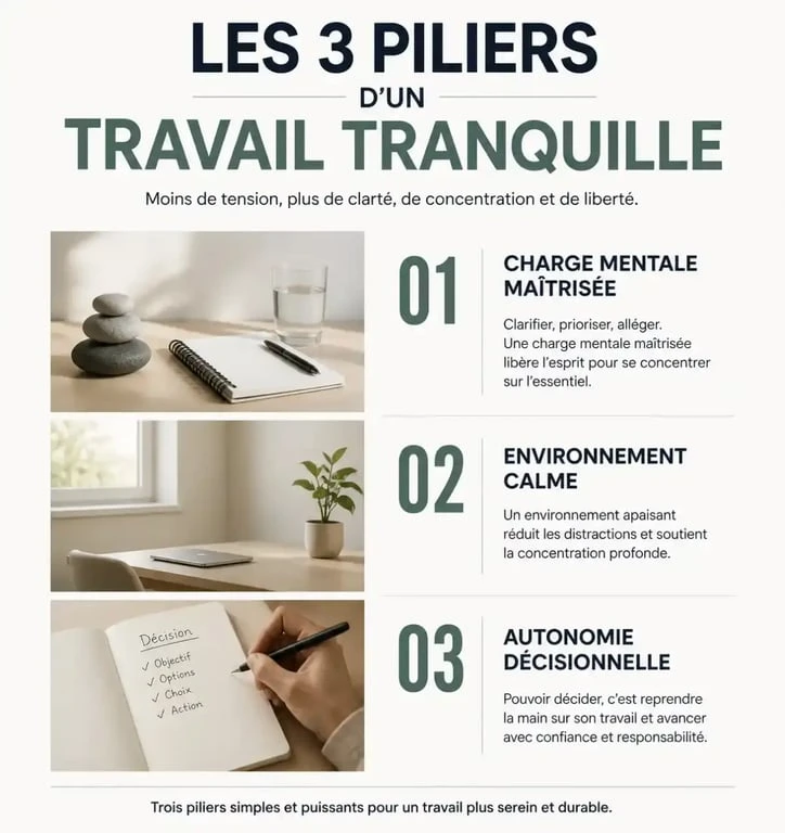 Infographie des trois piliers pour trouver un travail tranquille et serein