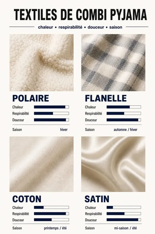 Combi pyjama : comparaison visuelle des matières selon la chaleur et la saison