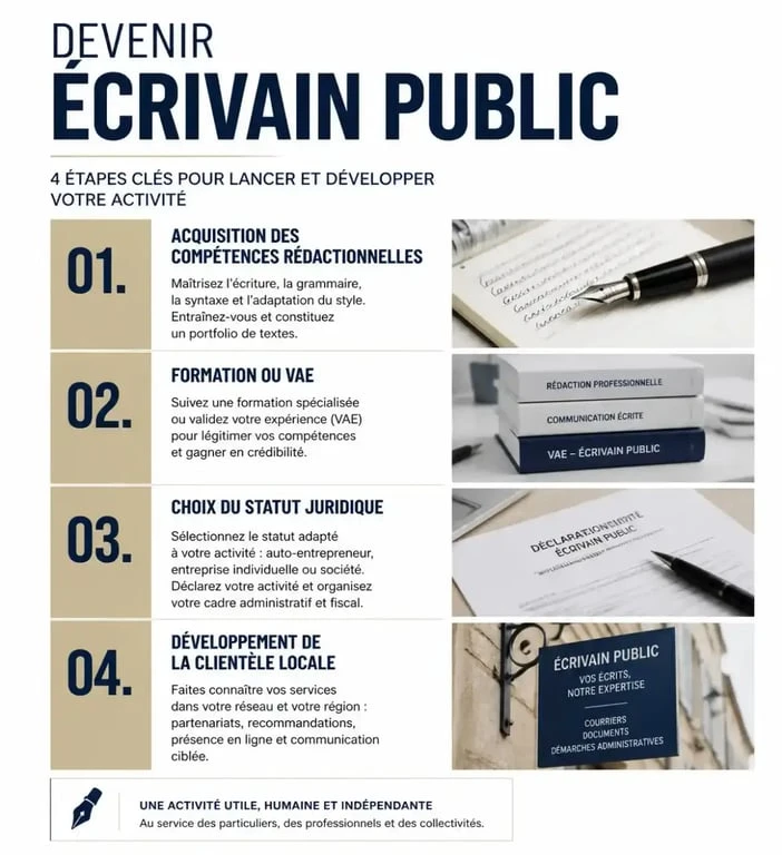 Infographie du parcours pour devenir écrivain public