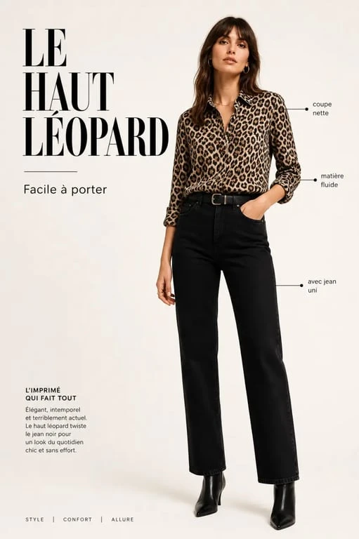 Haut femme leopard porté dans une tenue de mode chic et sobre