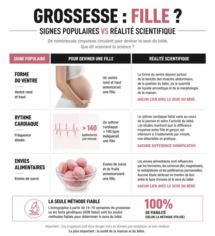 Infographie comparative des signes de grossesse fille : croyances populaires versus réalité médicale