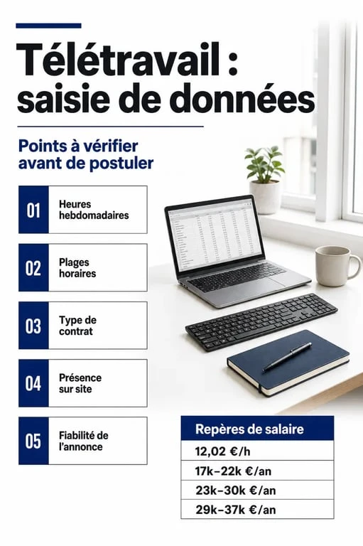 Infographie télétravail temps partiel saisie de données : horaires, contrat, missions et fourchettes de salaire