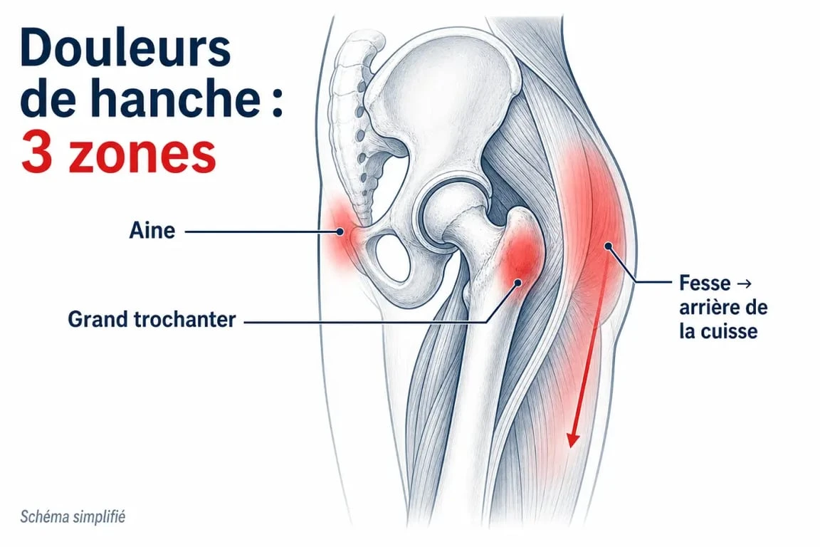 Douleur a la hanche : schéma des zones de douleur dans l’aine, sur le côté et dans la fesse