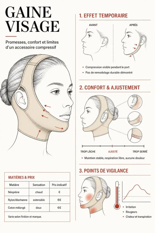 Gaine visage avis : infographie éditoriale sur l’effet temporaire, le confort et les risques