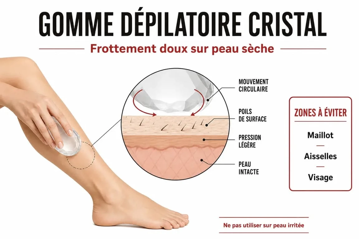 Épilateur cristal avis : schéma de l’usage sur une jambe avec zones sensibles à éviter