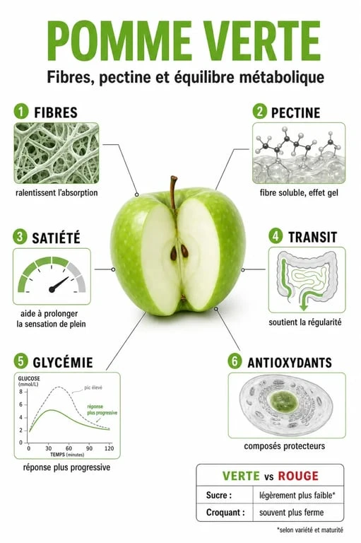 Infographie sur la pomme verte bienfait : fibres, pectine, satiété, glycémie et comparaison avec la pomme rouge