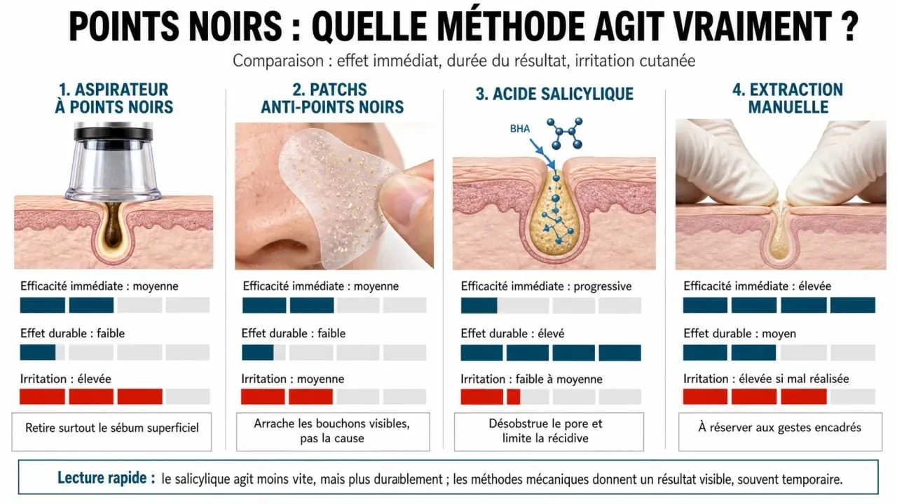 Aspirateur point noir avis dermatologue : comparaison visuelle des méthodes, de l’efficacité et des risques