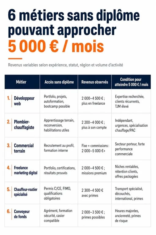 métier qui rapporte 5000 euros par mois sans diplôme : tableau comparatif des options les plus crédibles