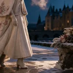 Mariage hiver robe : mariée en robe ivoire à manches longues, cape brodée, extérieur neige.